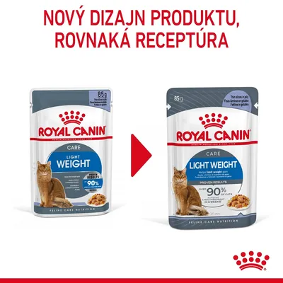 Porovnanie starého a nového obalu Royal Canin Light Weight Care 85 g pre mačky. Text: Nový dizajn produktu, rovnaká receptúra.