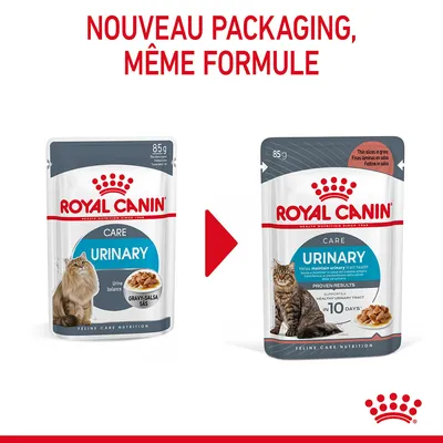 ROYAL CANIN CARE URINARY 85 g, ancien et nouveau sachet pour chat, texte : NOUVEAU PACKAGING, MÊME FORMULE. Visuels de chats et croquettes en sauce sur les deux emballages.