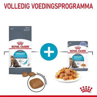 Royal Canin Urinary Care kattenvoer: zak droogvoer, pouch natvoer en brokjes op een bord. Tekst: VOLLEDIG VOEDINGSPROGRAMMA.