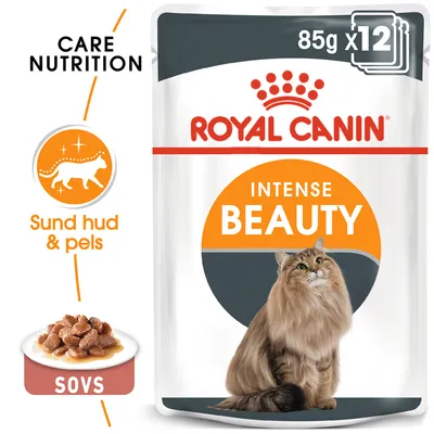Royal Canin Intense Beauty kattemad, 85 g x12. Tekst: Care Nutrition, Sund hud & pels, SOVS. Billede af langhåret kat og foder i sovs på tallerken.