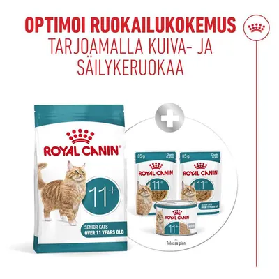 Royal Canin 11+ Senior-kissoille, kuivaruoka ja märkäruoka, pussit ja purkit kuvassa. Teksti: Optimoi ruokintakokemus yhdistämällä kuivaruoka ja märkäruoka.