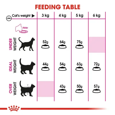 Cat feeding table by weight: underweight 3–5 kg 52–75g, ideal weight 3–6 kg 44–72g, overweight 4–6 kg 43–57g. Water icon shown. All weights in grams per day.