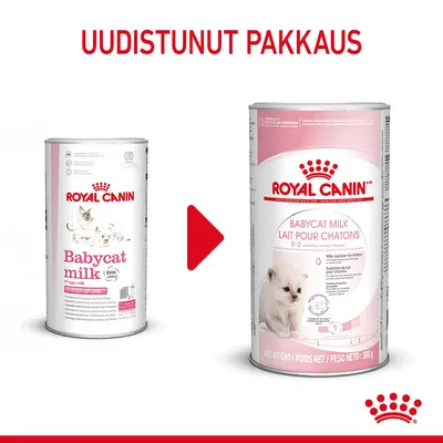 Royal Canin Babycat Milk -tuotteen uudistunut pakkaus, vasemmalla vanha ja oikealla uusi purkki. Teksti: UUDISTUNUT PAKKAUS.