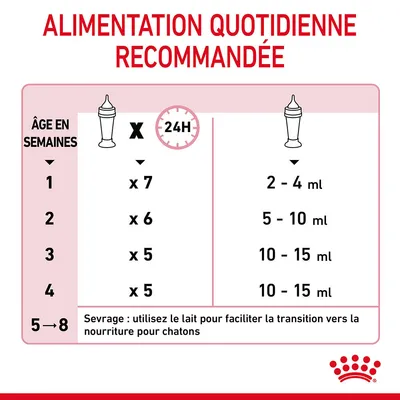 Tableau alimentation quotidienne recommandée chatons : 1 semaine x7 2–4 ml, 2 semaines x6 5–10 ml, 3–4 semaines x5 10–15 ml. Sevrage : utiliser le lait pour la transition vers nourriture chatons.