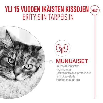 Kissoille, jotka ovat yli 15-vuotiaita. Tukee munuaisten hyvinvointia laadukkaiden proteiinien ja mukautetun fosforipitoisuuden avulla. Kissoille, jotka ovat yli 15-vuotiaita. Tukee munuaisten hyvinvointia laadukkaiden proteiinien ja mukautetun fosforipitoisuuden avulla.