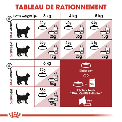 Tableau de rationnement Royal Canin pour chats : quantités de croquettes et sachets par poids (3, 4, 5, 6 kg) et statut (poids idéal ou surpoids), options croquettes seules ou avec sachet.