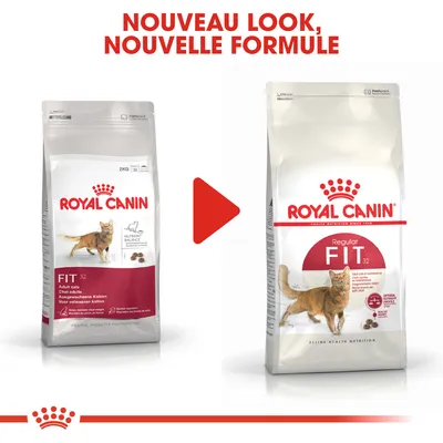 ROYAL CANIN FIT 32 pour chats adultes, ancien et nouveau packaging côte à côte avec texte : Nouveau look, nouvelle formule. Flèche indiquant le changement d’emballage.