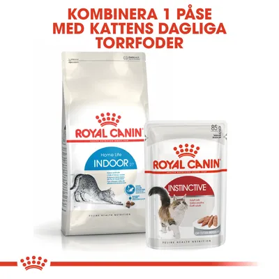 Royal Canin Home Life Indoor 27 torrfoder och Royal Canin Instinctive våtfoder, text: Kombinera 1 påse med kattens dagliga torrfoder.