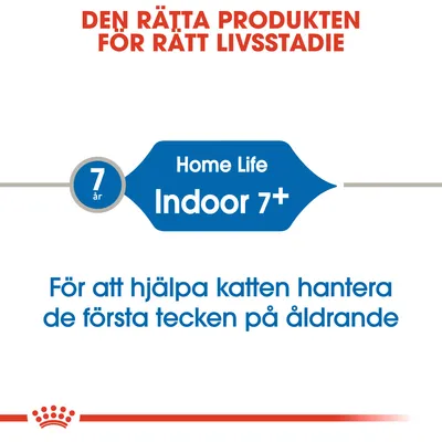 Den rätta produkten för rätt livsstadie. Home Life Indoor 7+. 7 år. För att hjälpa katten hantera de första tecken på åldrande.