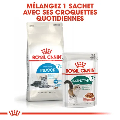 Royal Canin Home Life Indoor 7+ croquettes et Royal Canin Instinctive 7+ sachet pour chats, texte : Mélangez 1 sachet avec ses croquettes quotidiennes
