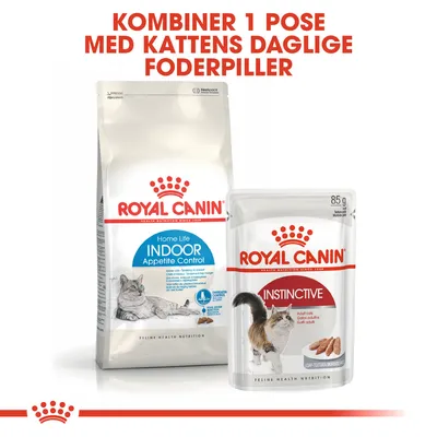 Royal Canin Home Life Indoor Appetite Control tørfoder og Royal Canin Instinctive 85 g vådfoder. Tekst: Kombiner 1 pose med kattens daglige foderpiller.