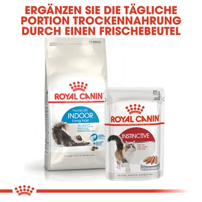 Royal Canin Home Life Indoor Long Hair Trockenfutter und Instinctive Frischebeutel für Katzen. Ergänzen Sie die tägliche Portion Trockenfutter durch einen Frischebeutel.