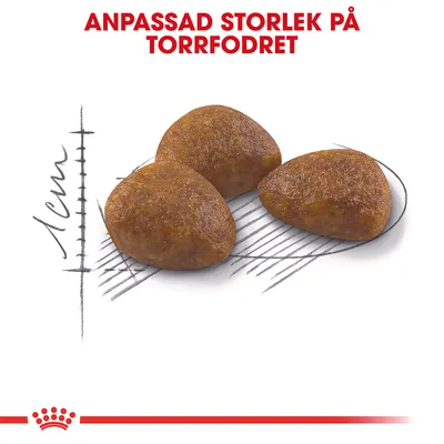 Tre bitar torrfoder med texten 'Anpassad storlek på torrfodret' och en skala som visar cirka 1 cm.