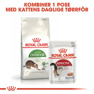 Royal Canin Active Life Outdoor tørfoder og Royal Canin Instinctive vådfoder 85 g. Tekst: Kombiner 1 pose med kattens daglige tørfôr.