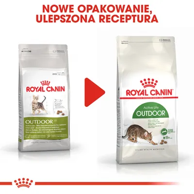 Nowe opakowanie i ulepszona receptura karmy Royal Canin Outdoor dla kotów. Po lewej stare opakowanie, po prawej nowe z napisem Active Life Outdoor.