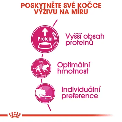 Vyšší obsah proteinů, optimální hmotnost, individuální preference. Text: POSKYTNĚTE SVÉ KOČCE VÝŽIVU NA MÍRU.