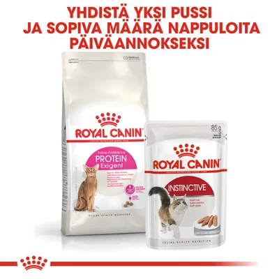 Royal Canin Protein Exigent -kuivaruokapakkaus ja Royal Canin Instinctive -märkäruokapussi, teksti: Yhdistä yksi pussi ja sopiva määrä nappuloita päiväannokseksi.