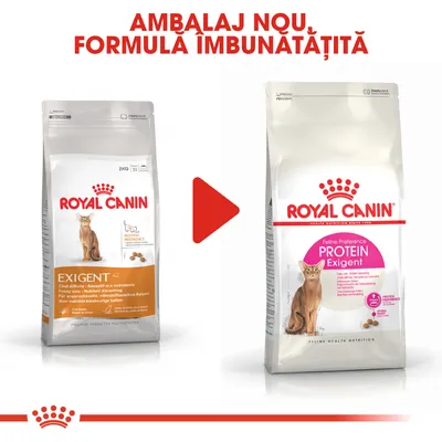Pachete Royal Canin Exigent pentru pisici: vechiul ambalaj în stânga, noul ambalaj cu text „Feline Preference PROTEIN Exigent” în dreapta. Sus: „AMBALAJ NOU, FORMULA IMBUNĂTĂȚITĂ”.