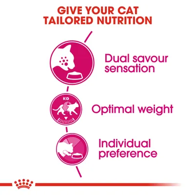 Key features: dual savour sensation, optimal weight, individual preference. Tailored nutrition for your cat.