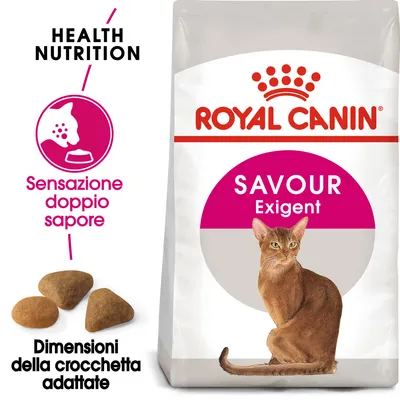 Royal Canin Savour Exigent, Sensazione doppio sapore, Dimensioni della crocchetta adattate, confezione con immagine di gatto e crocchette visibili.