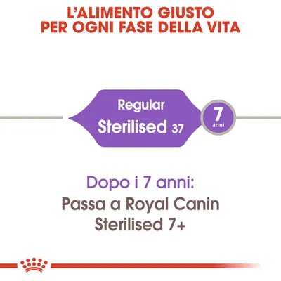 L’alimento giusto per ogni fase della vita. Regular Sterilised 37. Dopo i 7 anni: Passa a Royal Canin Sterilised 7+. 7 anni.