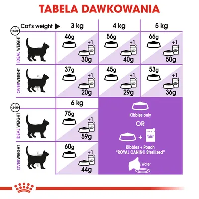 Tabela dawkowania karmy dla kotów: ilości suchej i mokrej karmy według wagi kota (3–6 kg) oraz stanu (idealna lub nadwaga). Widoczna marka Royal Canin Sterilised.