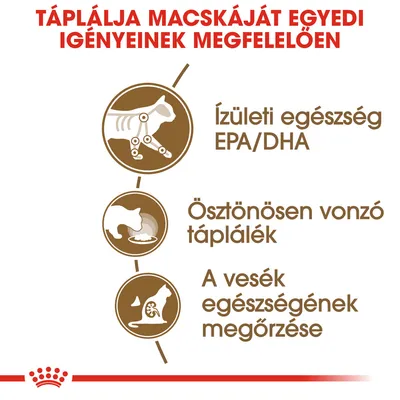 Táplálja macskáját egyedi igényeinek megfelelően: ízületi egészség EPA/DHA, ösztönösen vonzó táplálék, a vesék egészségének megőrzése