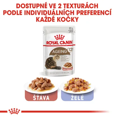 ROYAL CANIN Ageing 12+ kapsička pro kočky, dostupné ve 2 texturách: šťáva a želé. Nápis: Dostupné ve 2 texturách podle individuálních preferencí každé kočky.