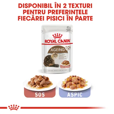 Plic Royal Canin Ageing 12+ 85g pentru pisici, disponibil în două texturi: sos și aspic. Text vizibil: Disponibil în 2 texturi pentru preferințele fiecărei pisici în parte.