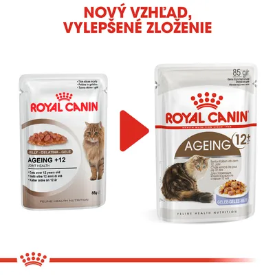 Porovnanie starého a nového balenia Royal Canin Ageing 12+ pre mačky, nápis: Nový vzhľad, vylepšené zloženie. Oba obaly zobrazujú značku, produkt a obrázok mačky.