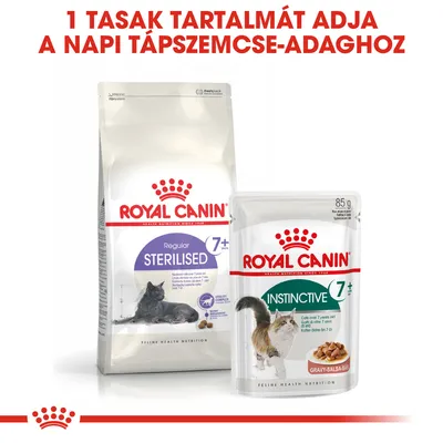Royal Canin Sterilised 7+ száraz táp és Instinctive 7+ alutasakos eledel macskáknak. Felirat: 1 tasak tartalmát adja a napi tápszemcse-adaghoz.
