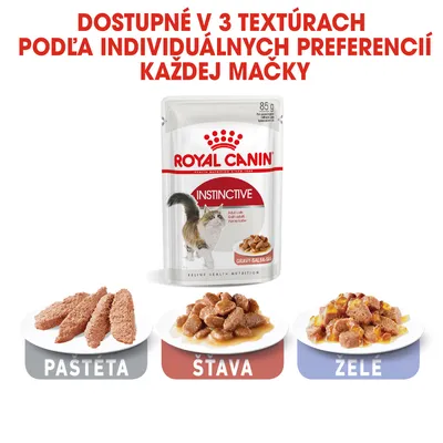 Royal Canin Instinctive pre dospelé mačky, dostupné v 3 textúrach: paštéta, šťava, želé. Text: Dostupné v 3 textúrach podľa individuálnych preferencií každej mačky.
