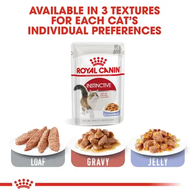 Royal Canin Instinctive kattefoder, 85 g pose. Tre teksturer vises: loaf, gravy, jelly. Tekst: Available in 3 textures for each cat’s individual preferences.