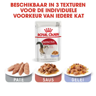 Royal Canin Instinctive kattenvoer, 85 g. Beschikbaar in 3 texturen: paté, saus en gelei. Tekst: Beschikbaar in 3 texturen voor de individuele voorkeur van iedere kat.