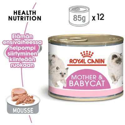 Royal Canin Mother & Babycat kissan märkäruoka, mousse, 85 g x12. Teksti: Elämän ensivaiheessa helpompi siirtyminen kiinteään ruokaan. Kuvassa pentukissoja ja ruoka-annos.