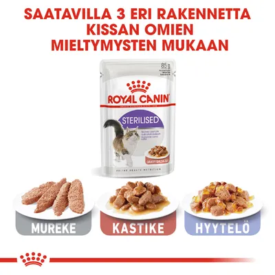 Royal Canin Sterilised kissanruoka, 85 g annospussi. Kolme rakennetta: mureke, kastike, hyytelö. Teksti: Saatavilla 3 eri rakennetta kissan omien mieltymysten mukaan.