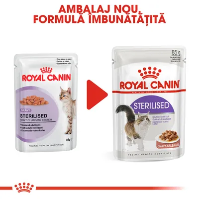 Ambalaj nou și formulă îmbunătățită pentru Royal Canin Sterilised gravy, hrană umedă pentru pisici adulte sterilizate, 85 g. Imagine cu vechiul și noul ambalaj.