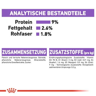 Analytische Bestandteile: Protein 9%, Fettgehalt 2,6%, Rohfaser 1,8%. Zusammensetzung: Fleisch, Getreide, Mineralstoffe, Zucker. Zusatzstoffe: Vitamine, Eisen, Jod, Kupfer, Mangan, Zink.