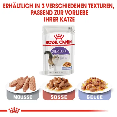 Royal Canin Sterilised Katzenfutter, erhältlich in 3 Texturen: Mousse, Sosse und Gelee. Verpackung zeigt 85g Beutel mit Katze und Jelly-Gelée-Option.