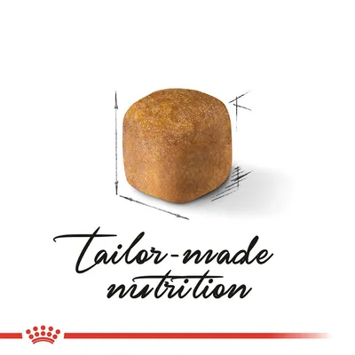 En enkelt foderpille med måleangivelser omkring. Tekst: tailor-made nutrition. Rød krone og linje nederst.