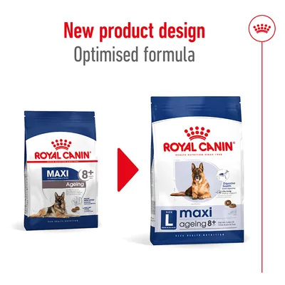 Image showing new product design and optimised formula for Royal Canin Maxi Ageing 8+ with updated packaging and digestive health feature highlighted.