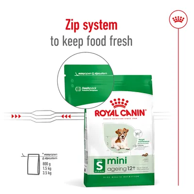 Συσκευασία Royal Canin mini ageing 12+ με zip σύστημα για φρεσκάδα. Διαθέσιμα μεγέθη: 800 γρ, 1,5 κιλ, 3,5 κιλ. Εμφανίζεται το κείμενο 'easyopen & zipsystem', 'freshpack'.