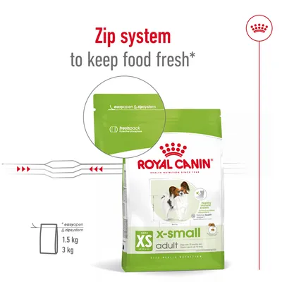 Συσκευασία Royal Canin x-small adult με zip σύστημα easyopen & zipsystem, freshpack. Διαθέσιμα μεγέθη: 1,5 kg και 3 kg. Κείμενο: Zip system to keep food fresh.