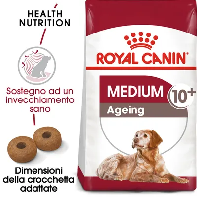 ROYAL CANIN MEDIUM Ageing 10+, sostegno ad un invecchiamento sano, dimensioni della crocchetta adattate, confezione con immagine di cane e due crocchette visibili.