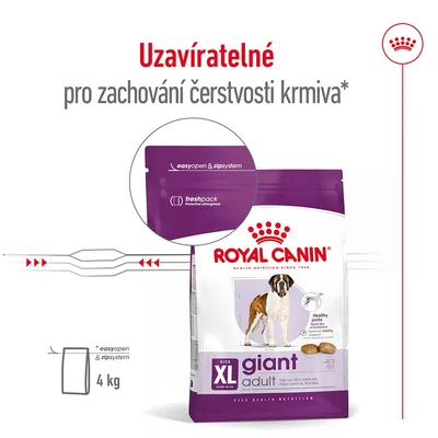 Balení krmiva Royal Canin XL giant adult 4 kg s uzavíratelným zipem, text: Uzavíratelné pro zachování čerstvosti krmiva, easyopen & zipsystem, freshpack protective atmosphere.