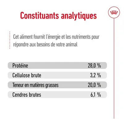 Constituants analytiques : Protéine 28,0 %, Cellulose brute 3,2 %, Teneur en matières grasses 20,0 %, Cendres brutes 6,1 %