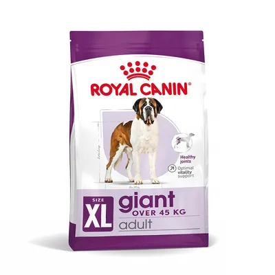 Pachet Royal Canin giant adult, size XL, over 45 kg. Text vizibil: Healthy joints, Optimal vitality support. Imagine cu un câine mare pe ambalaj.