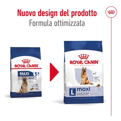 Nuovo design del prodotto Royal Canin Maxi Adult 5+, formula ottimizzata. Immagine delle due confezioni: vecchia e nuova versione con cane in evidenza.