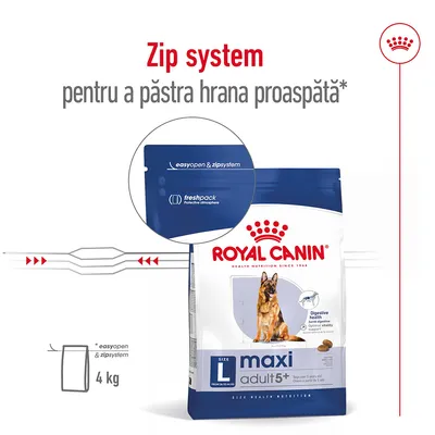 Pungă Royal Canin Maxi Adult 5+ 4 kg cu sistem zip, text vizibil: „Zip system pentru a păstra hrana proaspătă”, „easyopen & zipsystem”, „freshpack protective atmosphere”.