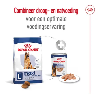 Combineer droog- en natvoeding voor een optimale voedingservaring. Royal Canin maxi adult 5+ droogvoer (26–44 kg) en natvoer, beide zichtbaar met verpakking en productnaam.
